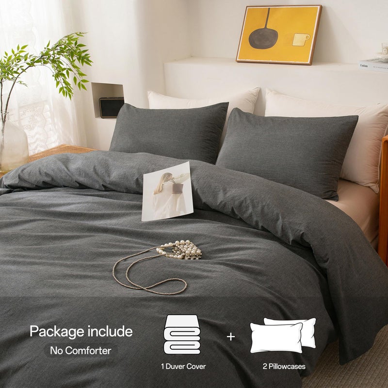 ECOCOTT Grey Duvet Cover King Size, 100% Washed Cotton 1 Duvet Cover with Zipper and 2 Pillowcases, Ultra Soft and Easy Care Breathable Cozy Simple Style Bedding Set (Dark Grey) - Image 2